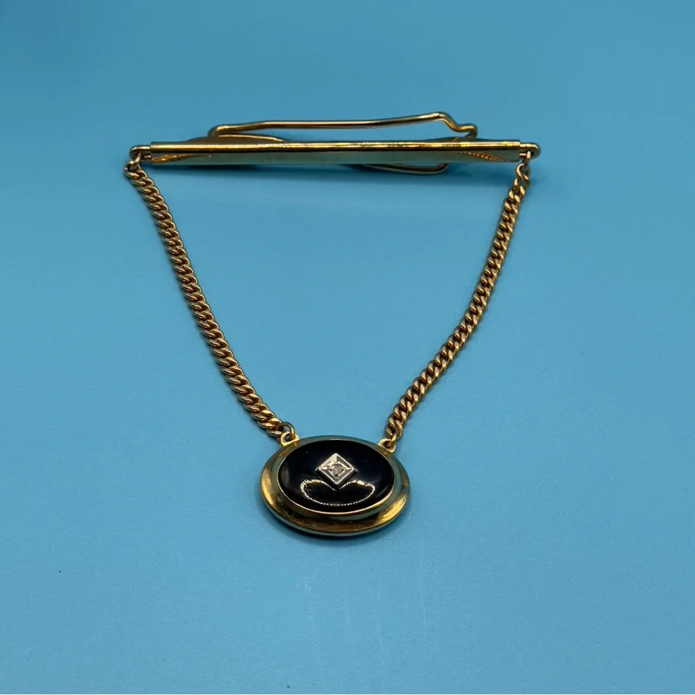 Vintage Anson Gold Tone Black Onyx Rhinestone Tie Clip with Chain Adjustable ✨